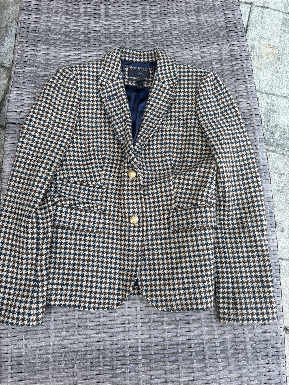 J. Crew Houndstooth Blazer in Navy and Brown with Gold Buttons